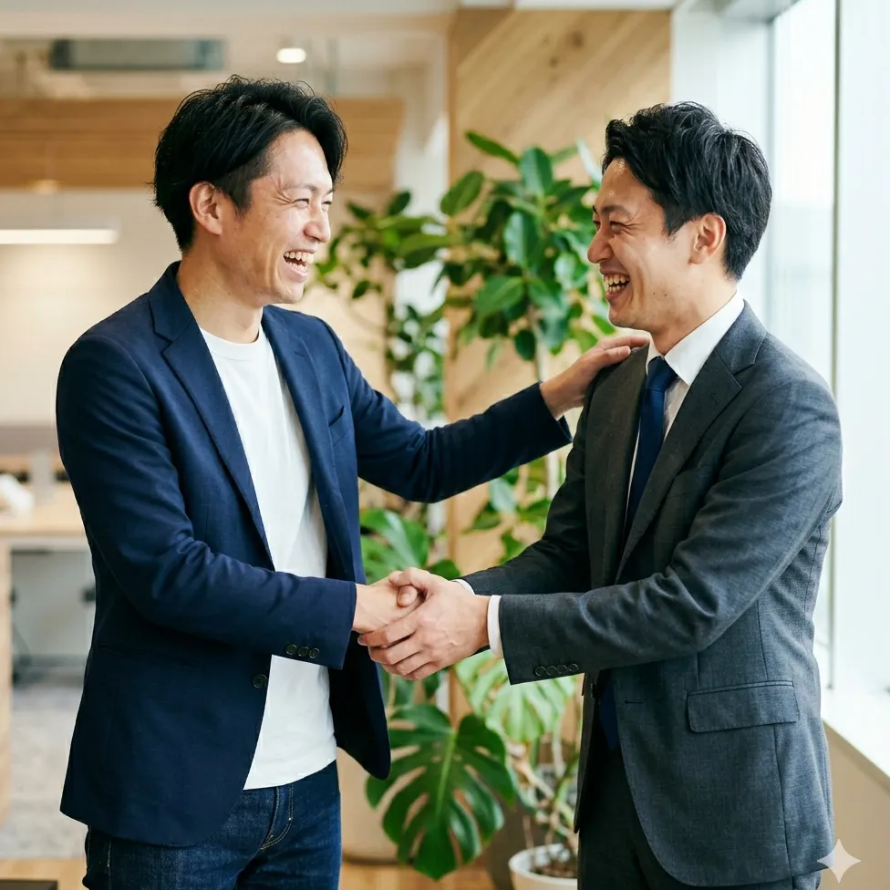 まんまる株式会社のサービス導入により会社が良くなったことを大喜びし、満面の笑顔で握手を求める中小企業